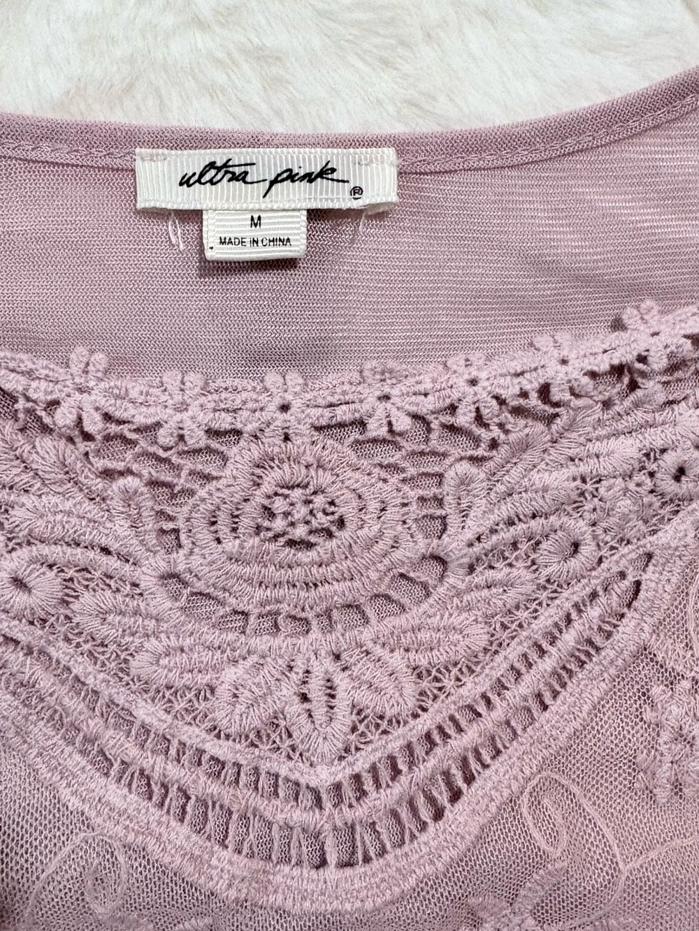 Ultra Pink Lace Yoke Sheer Flutter Blouse - Soft Pink - Picture 3 of 11